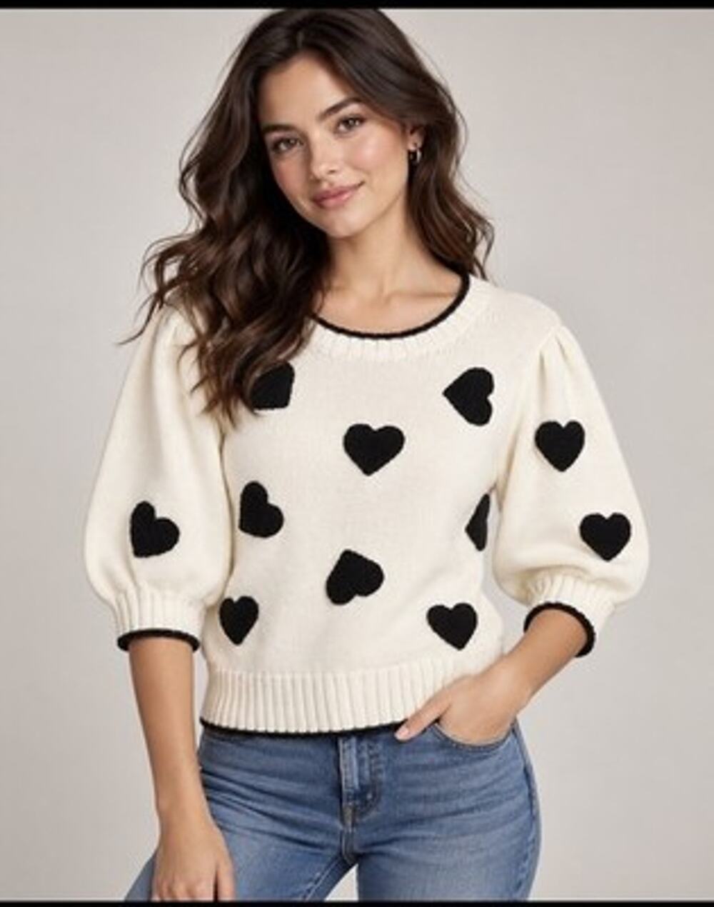 Kate Spade Raised Ivory Heart Sweater Sz Xl Wool Alpaca Blend 3/4 Sleeves Luxury